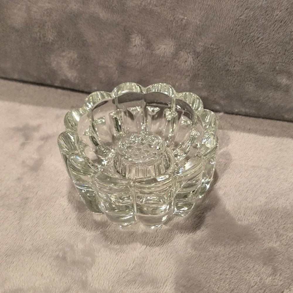 Vintage Clear Heavy Pressed Glass Scalloped Flower Taper Pillar Candle Holder 4